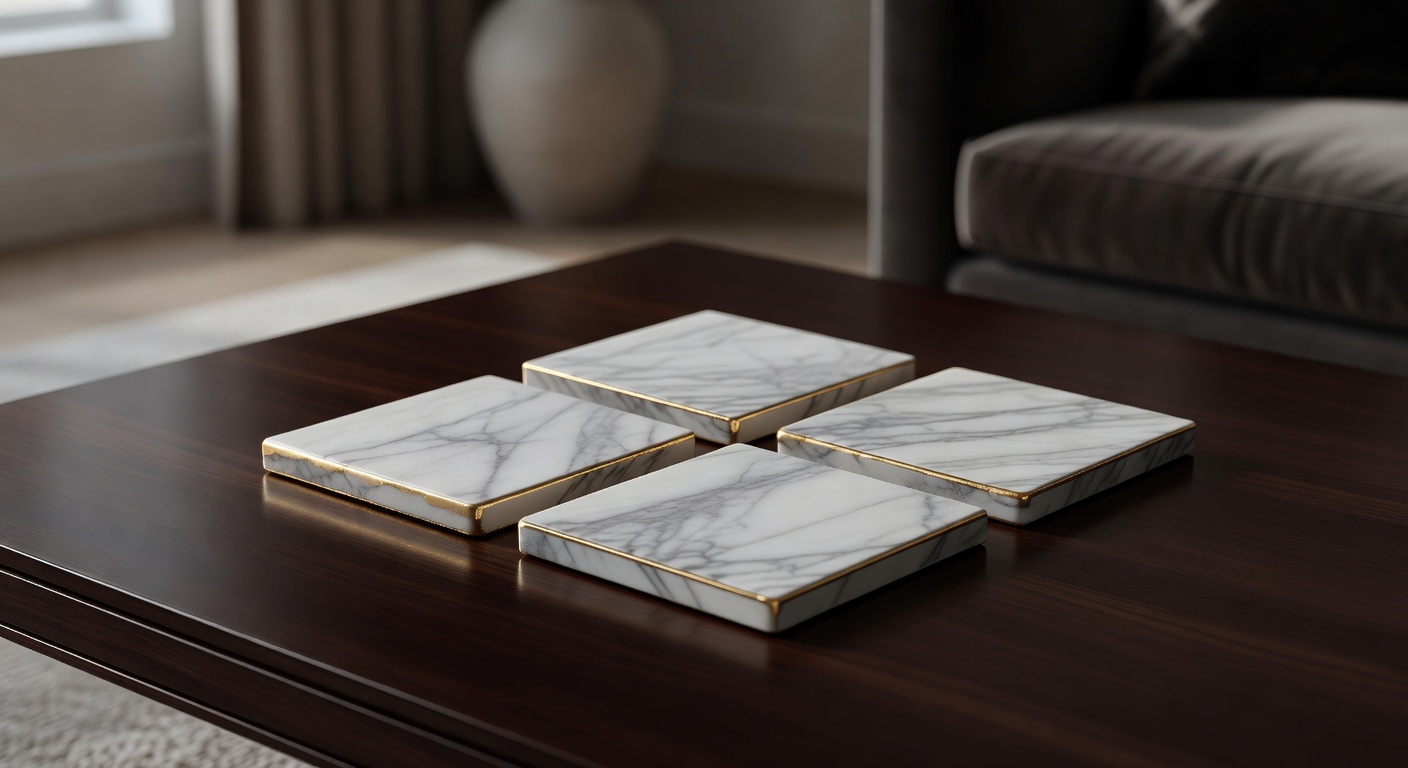 Posavasos de mármol con borde dorado sobre mesa de madera
